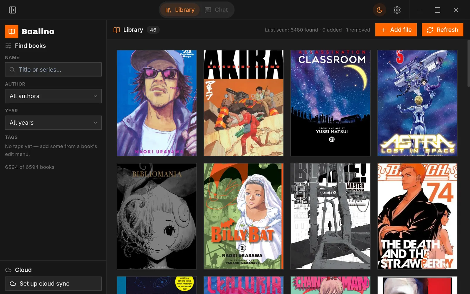 The Scalino bookcase: a dark grid of manga covers with generated artwork, library filters on the left