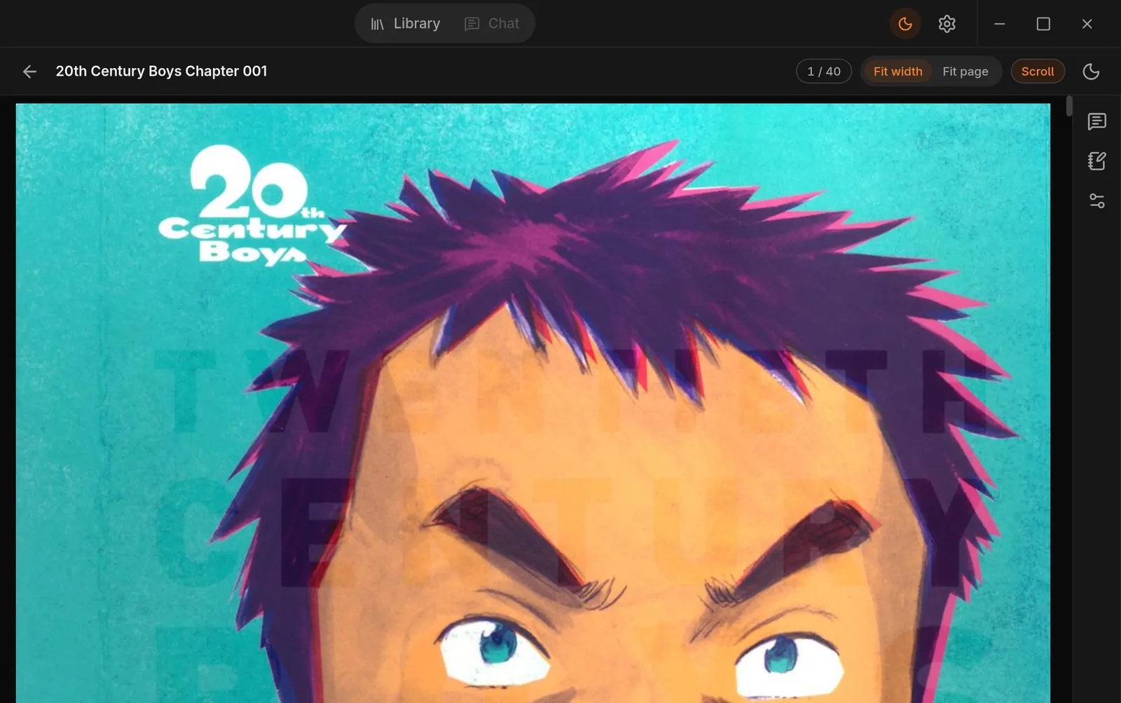A manga page open in the Scalino reader, with page counter, fit-width and scroll controls