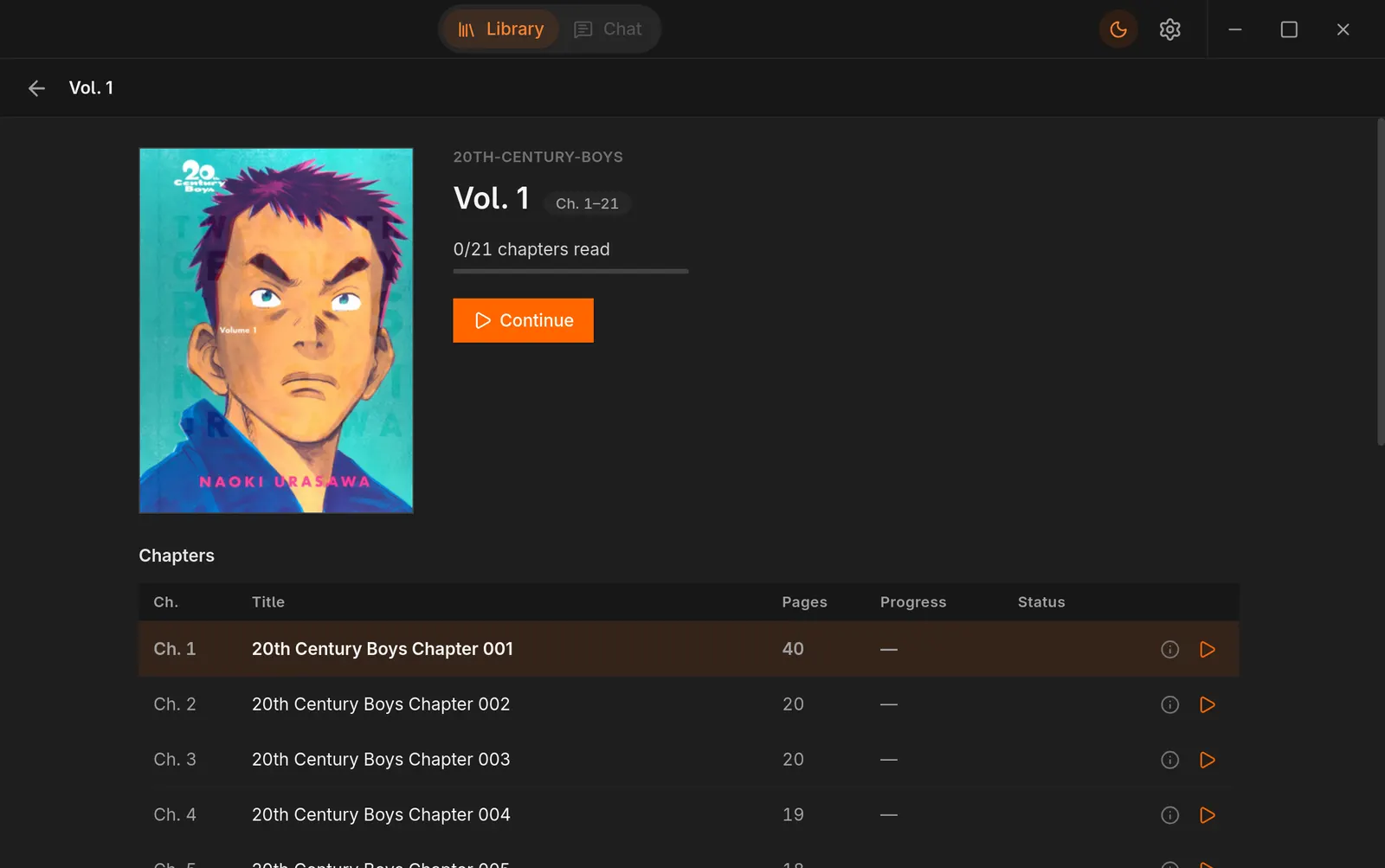 A volume page in Scalino: cover, Continue button, and a chapter table with page counts and progress